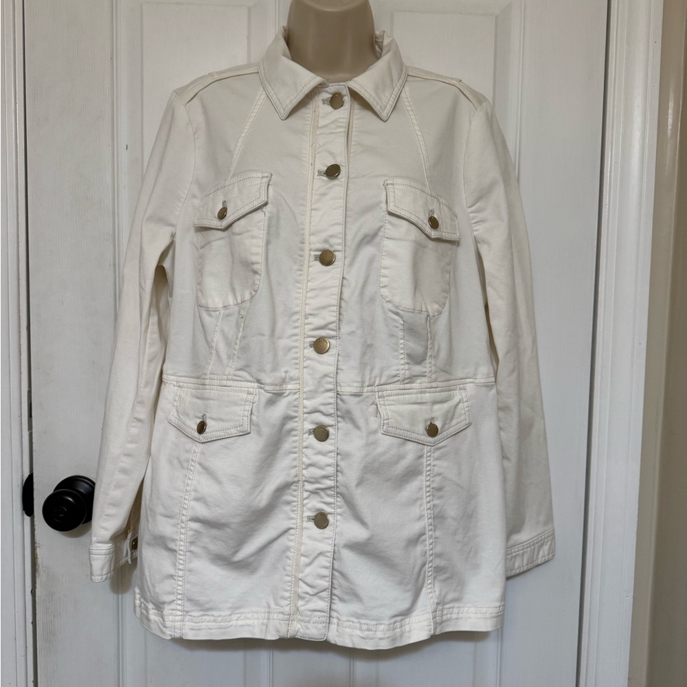 Chico’s White Safari Utility Jacket Cargo Button Front Stretch Large 12 /14 - Picture 2 of 8